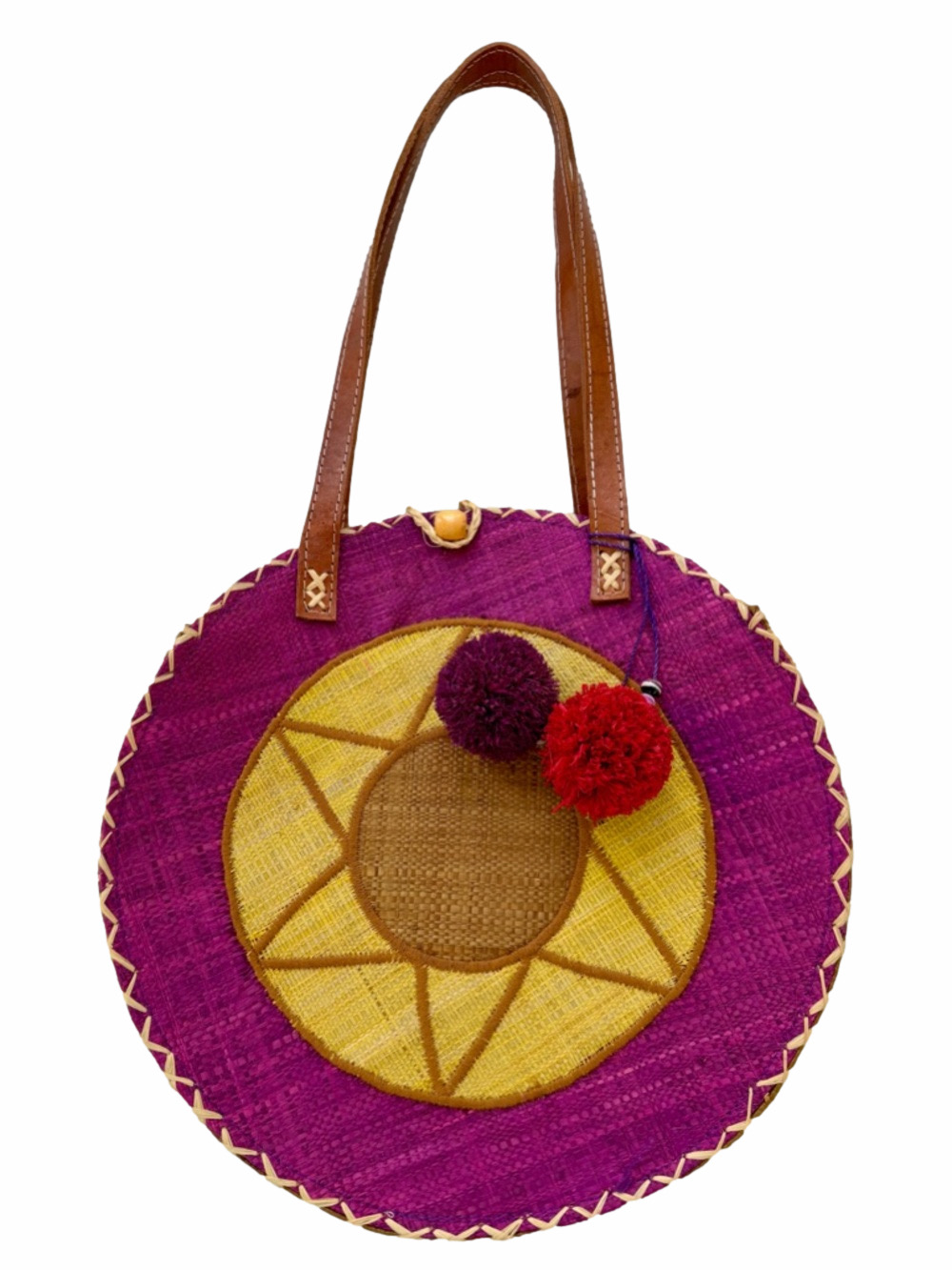 Le Comptoir De La‎ Plage Woven Round Large Purse Bag Sun Pompoms NEW